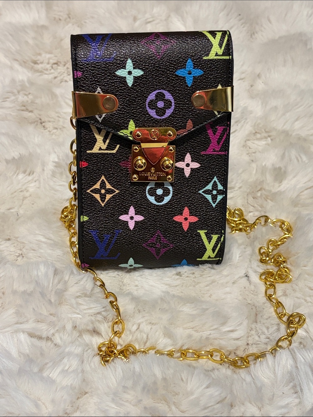 Black Multicolor Monogram Mini Crossbody phone holder with Gold Hardware